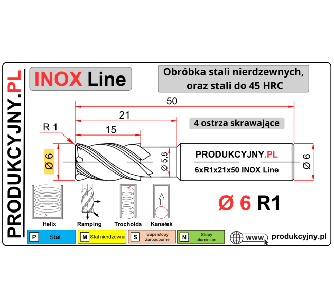Frez z promieniem naroża fi 6 R1 INOX LINE